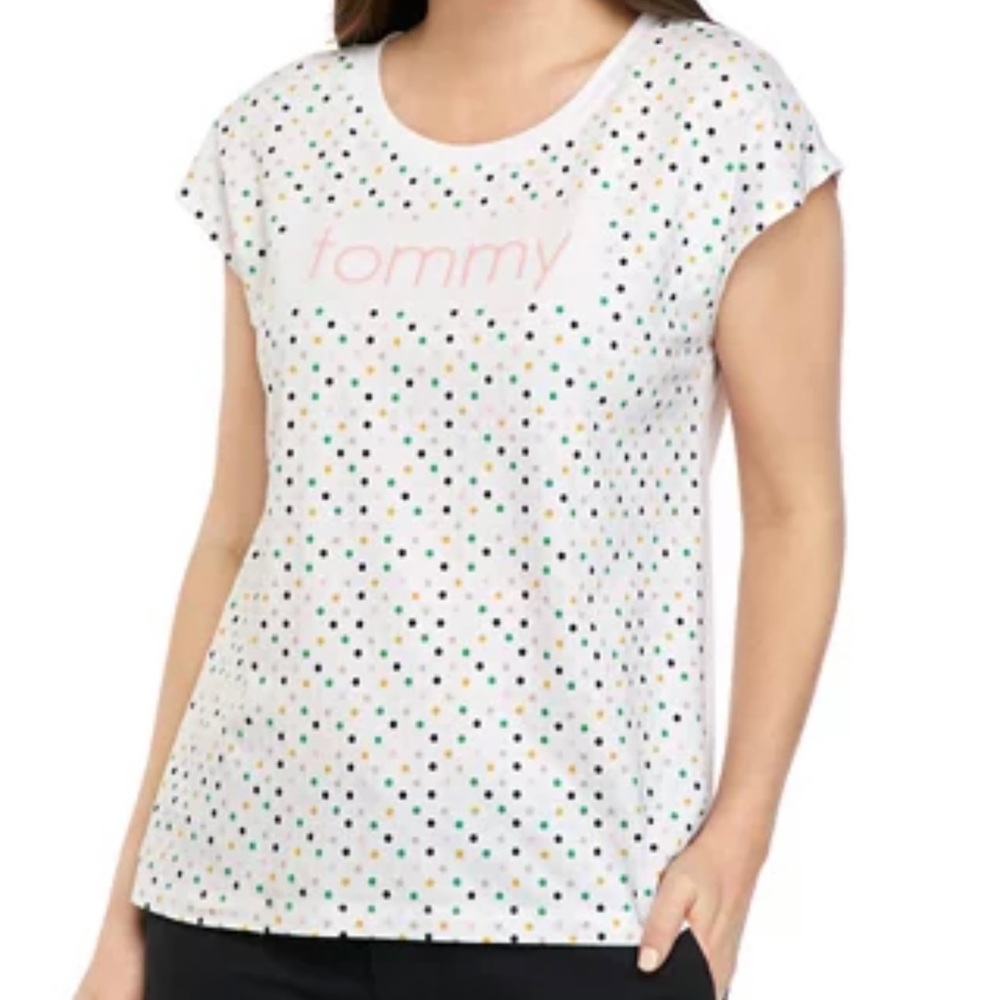 TOMMY HILFIGER Cap Sleeve Scoop Neck Top White with Polka Dot